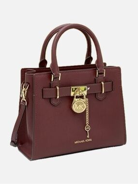 Michael Kors Wine Leather Structured Satchel with Gold Accents